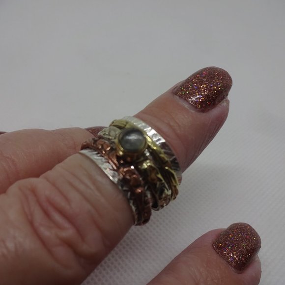 Whimsical "MOONSTONE" SPINNER RING in SILVER, GOLD & COPPER Size 8 #921 - Picture 2 of 3